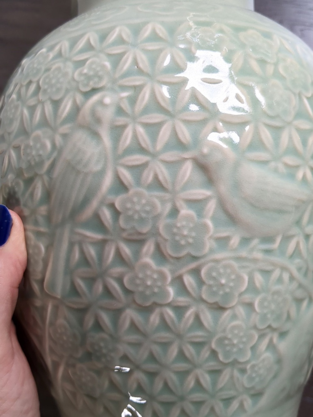 Wildwood Home Celadon Glazed Ginger Jar Lamp Base w/ Floral Fauna Engraving - Picture 4 of 13